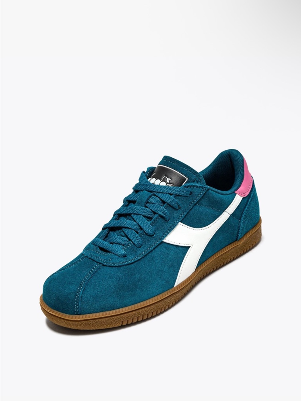 Diadora Teal Suede Sneaker with White Stripe and Pink Heel